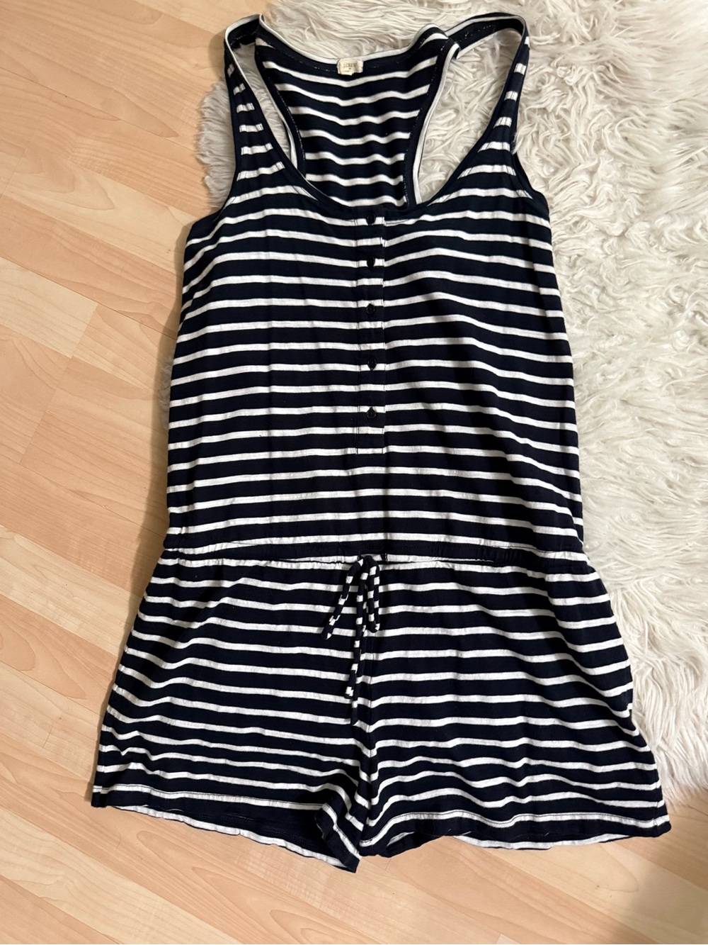 J Crew Navy White Striped Cotton Romper S